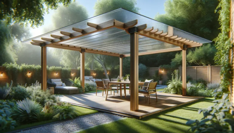 Moderní dřevěná pergola s průsvitnou střechou v zahradním prostředí.
