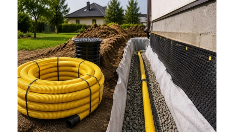 Instalace drenážního systému s žlutými hadicemi u domu.