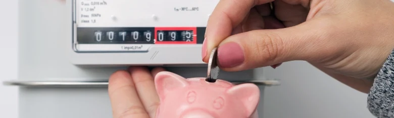 Ruka vkládá minci do prasátka před elektroměrem.