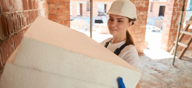 Žena ve stavební čepici drží desky z expandovaného polystyrenu na stavbě.