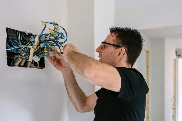 Muž připojuje vodiče v elektrickém rozvaděči na stěně.