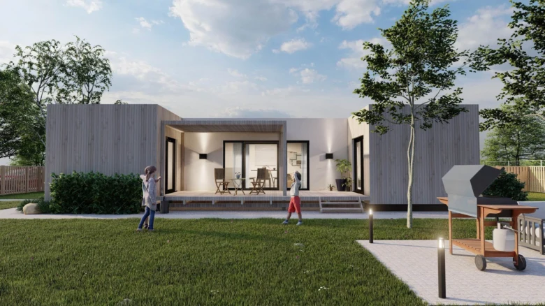 Moderní modulový dům s velkým oknem a zahradou