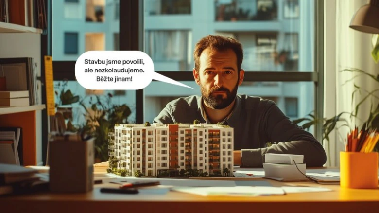 Architekt s modelem stavby u okna v kanceláři