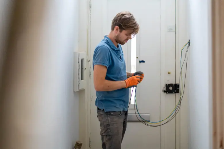 Elektrikář pracuje na instalaci vnitřního vedení domácnosti.