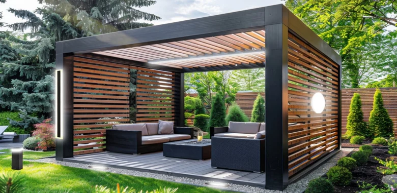 Modern osvětlená pergola s venkovním sedacím nábytkem v zahradě.