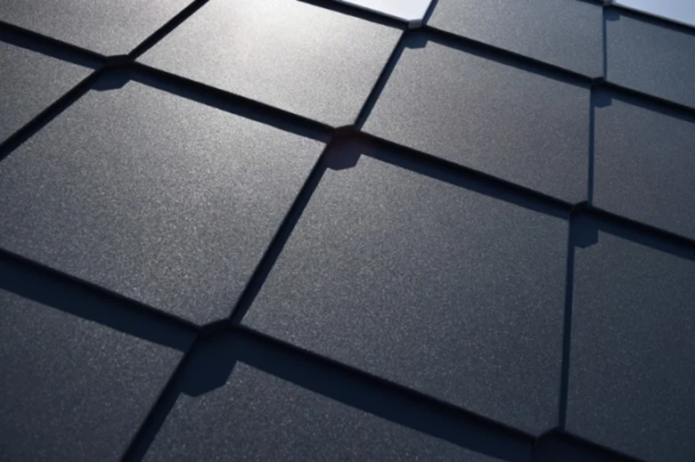 Detailní záběr na tmavé plechové střešní krytiny v geometrickém vzoru.