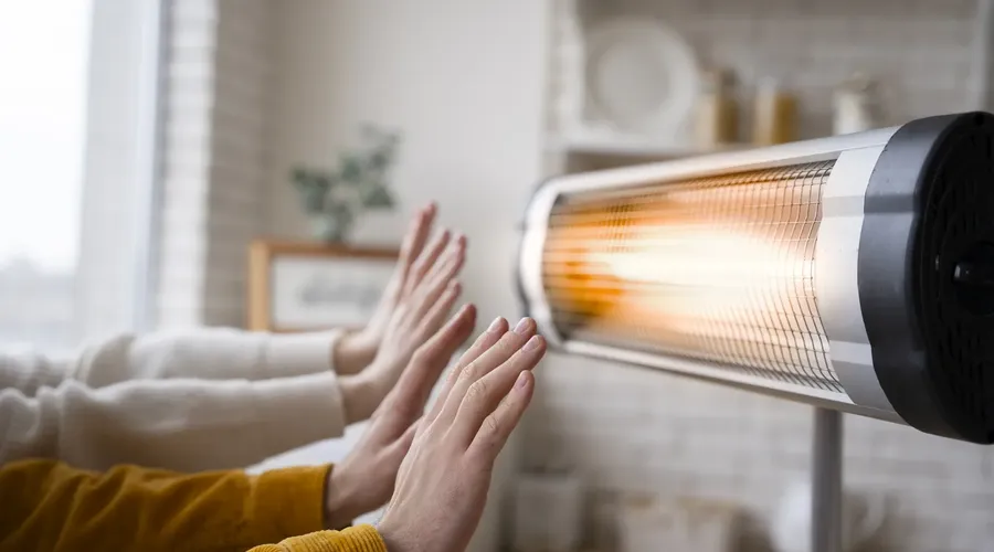 Ruce se ohřívají u elektrického topného tělesa v interiéru.
