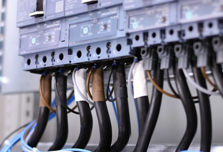 Elektrické kabely připojené k jističům v rozvaděči.