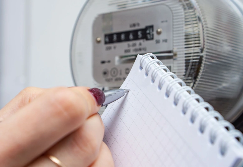 Ruka zapisuje čísla z elektroměru do sešitu.