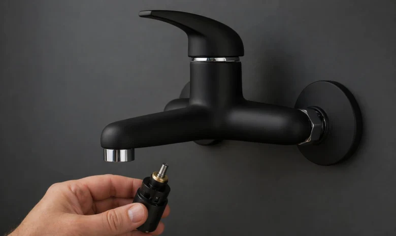 Ruka drží černý přepínač vedle baterie pro sprchu.