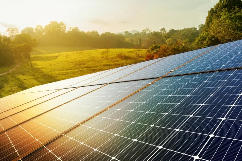 Fotovoltaické panely na trávníku v přírodě při západu slunce.