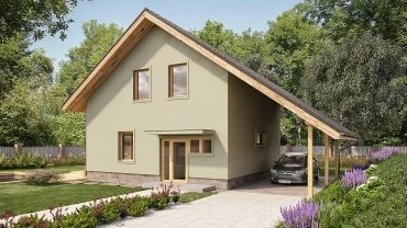 Moderní dům s přízemím a garáží v zeleném prostředí.