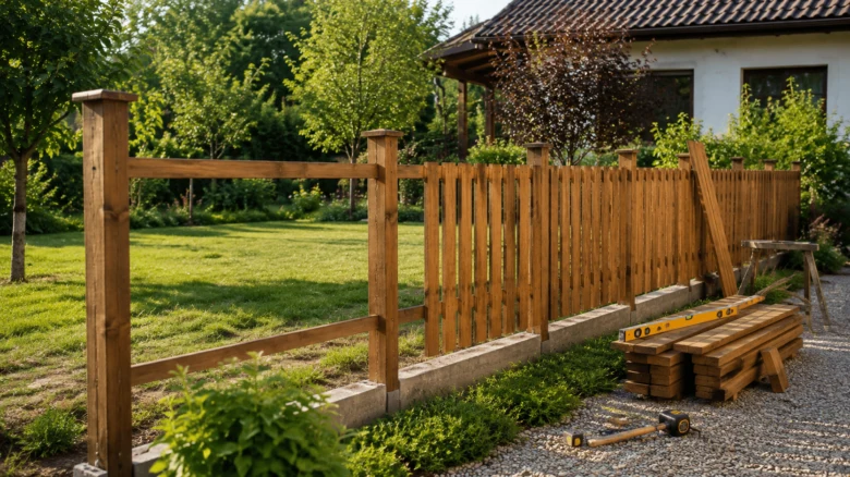 Stavba dřevěného plotu z fošen s nástroji v zahradě.