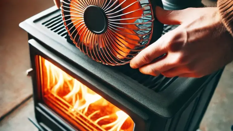 Ruka drží ventilátor na krbovém kamnu s hořícím ohněm.