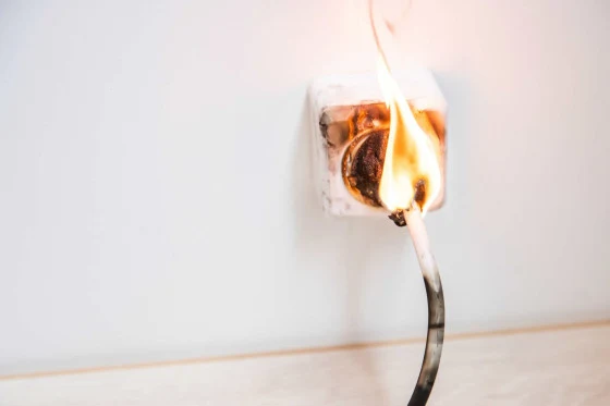 Burning electrical outlet and cord
