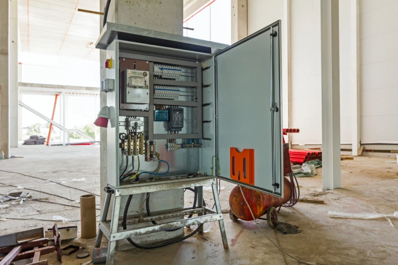 Stavební rozvaděč elektroinstalace v domě na staveništi.