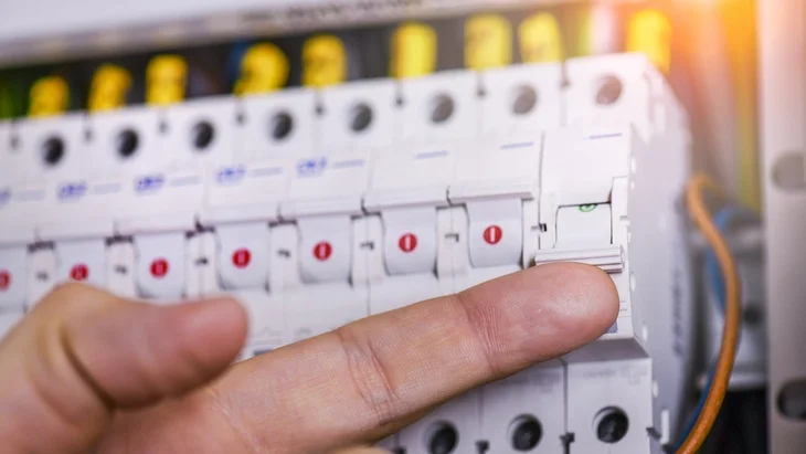 Ruka přepíná jistič v domovního rozvaděči pro elektroinstalaci.