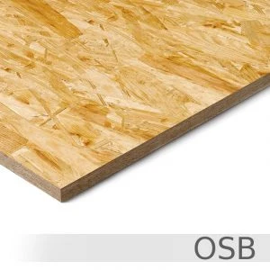 Blízko detail dřevotřískové desky OSB s viditelnou strukturou.