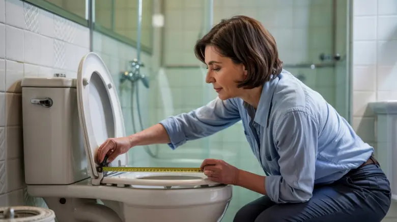 Žena měří šířku WC prkénka páskou v koupelně.
