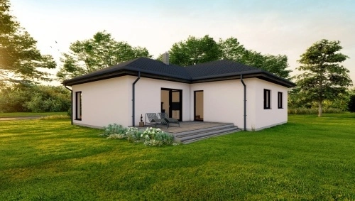 Moderní bílý bungalov ve tvaru L na trávníku mezi stromy.