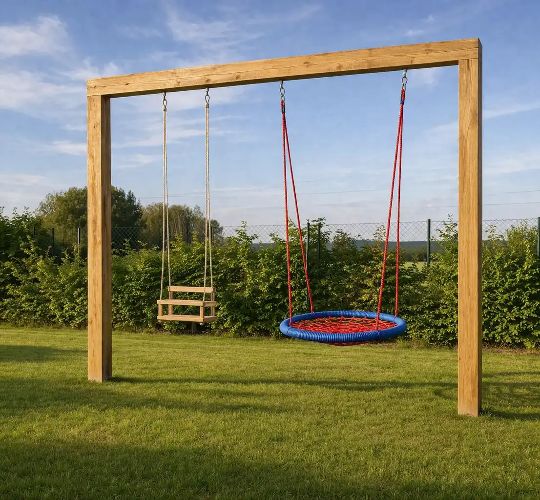 Wooden swing frame with swings