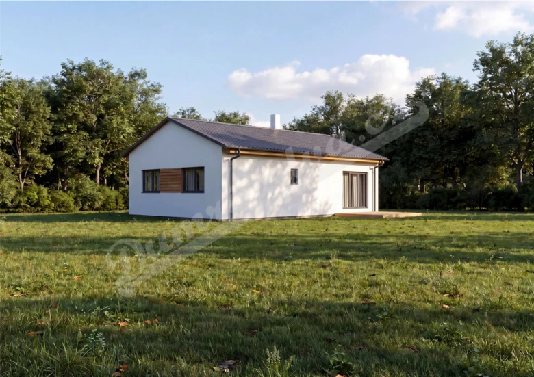 Bílý jednopodlažní bungalov na trávníku obklopen stromy.