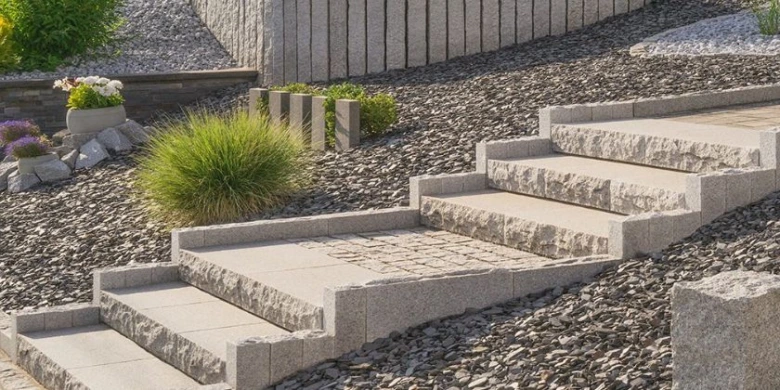 Venkovní betonové schody v zahradě s kamenným povrchem.