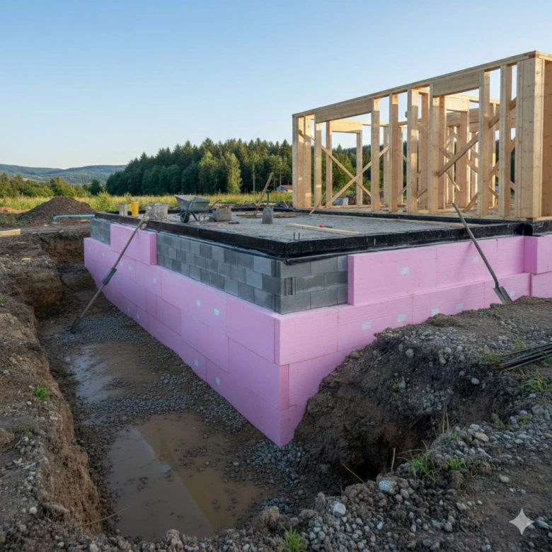 Izolovaný základová stěna s růžovou pěnou proti vlhkosti.
