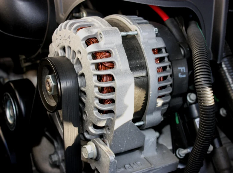 Detailní foto automobilového alternátoru s řemenem a měděnými cívkami.