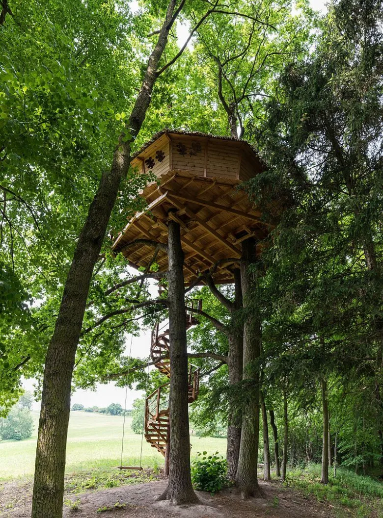 Dřevěný domek na stromu s vnější schodištěm a okolní zelení.