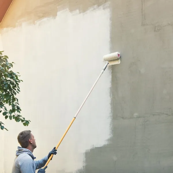 Muž maluje fasádu venkovní budovy válečkem na dlouhém rukojeti.