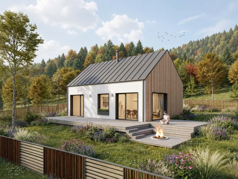 Moderní dřevostavba bungalov s velkým okny v přírodě.