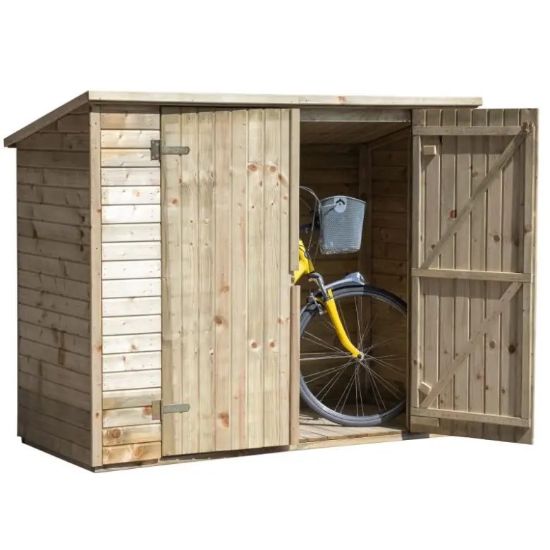 Wooden bike shed with bicycle inside
