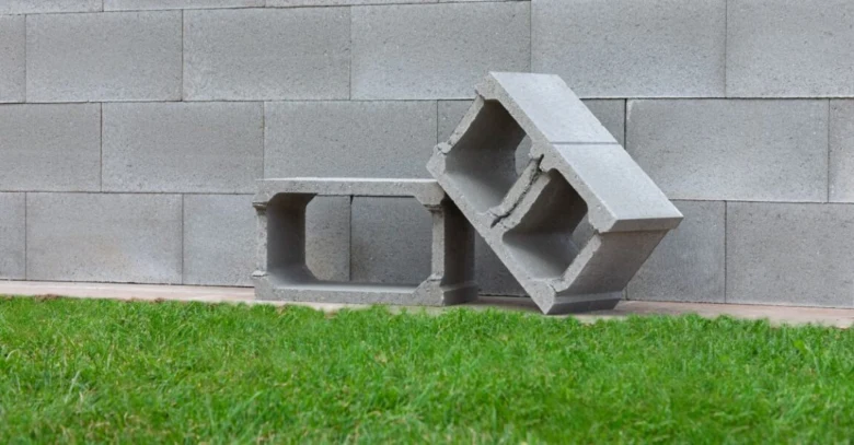Dva betonové bloky stojí vedle sebe na trávníku před zdí.