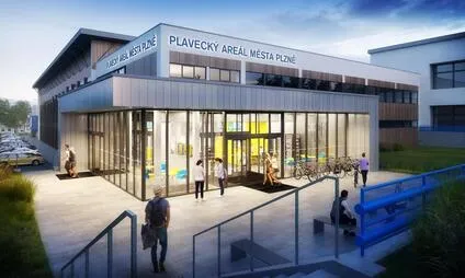 Vstup do plaveckého areálu města Plzně s moderní fasádou a lidmi u vchodu.