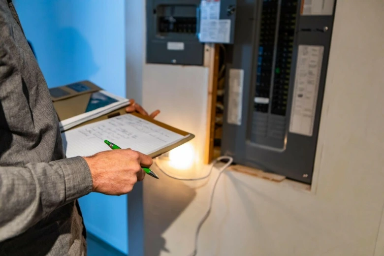 Elektrikář kontroluje rozvaděč s osvětleným seznamem při revizi.