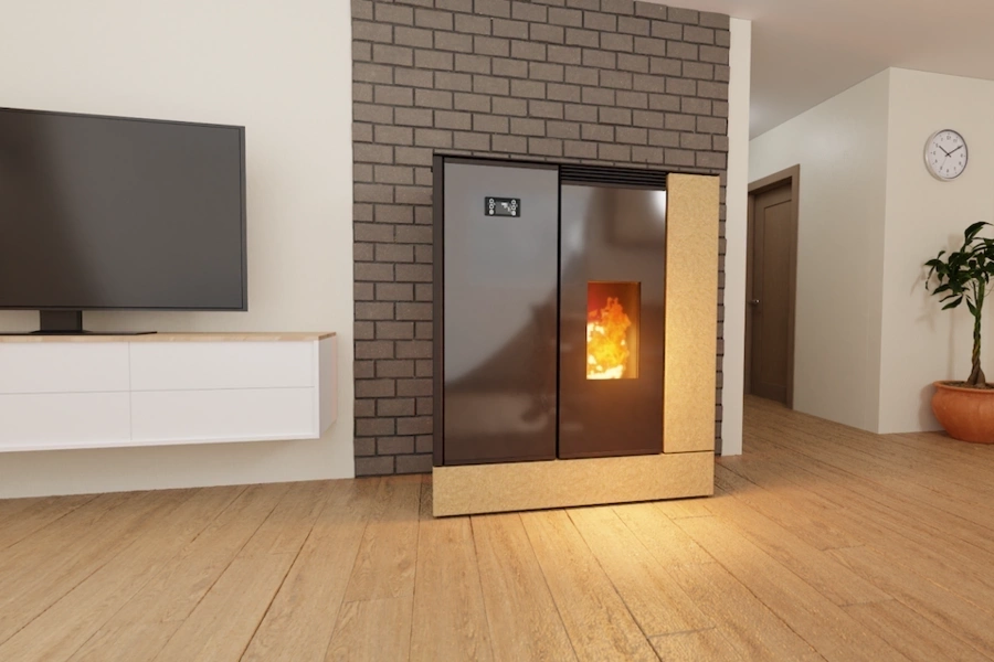 Modernní topidlo na biomasu s hořícím ohněm v obývacím pokoji.