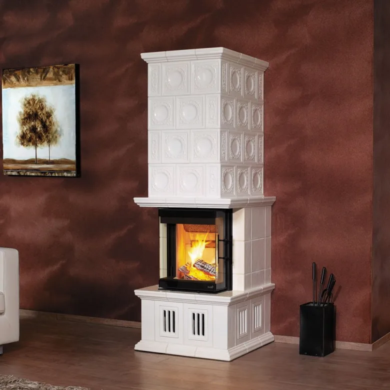 White tiled stove with firebox
