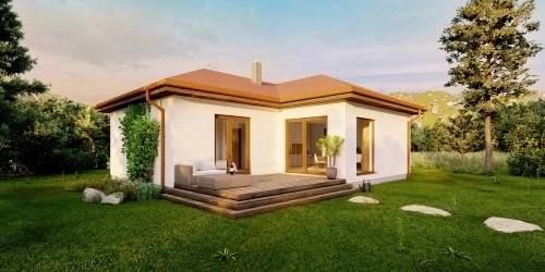 Moderní bílý bungalov s velkým okny na zelené trávě.