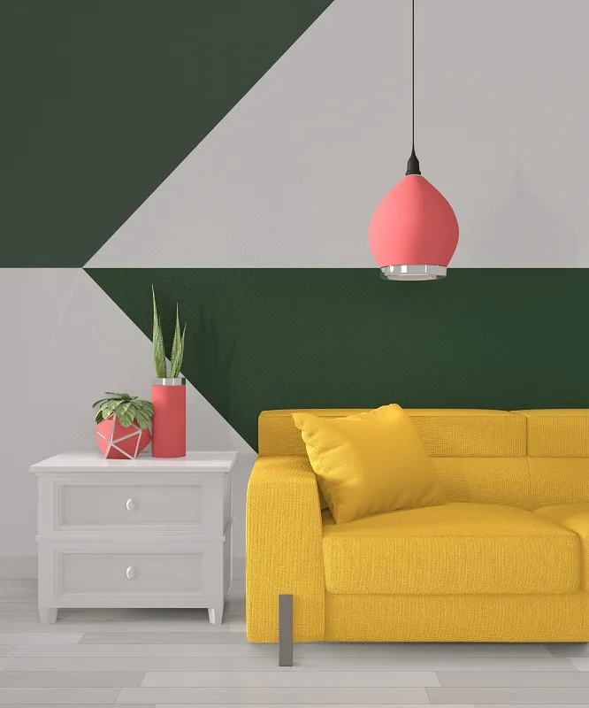 Modern obývací pokoj s geometrickým vzorem na zdi zeleno-bílá