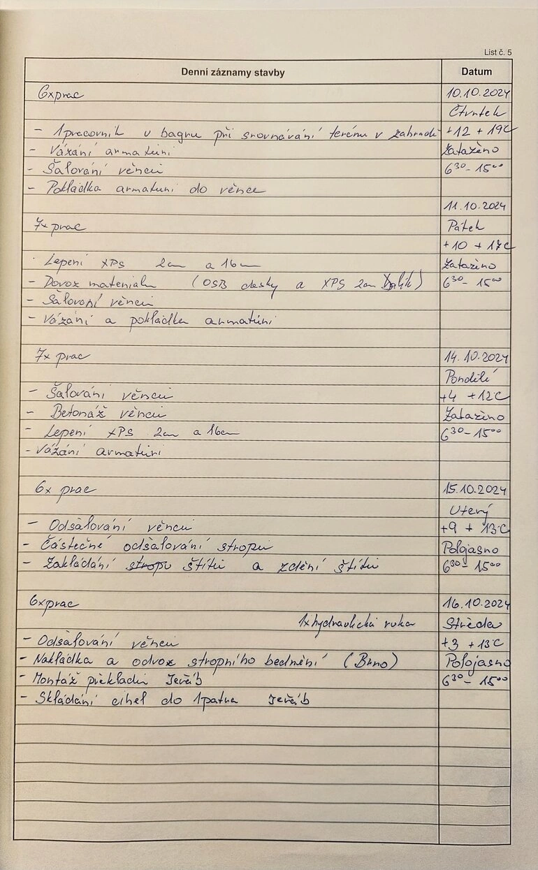 Ruka psaná deník stavby s daty a úkoly na listu.