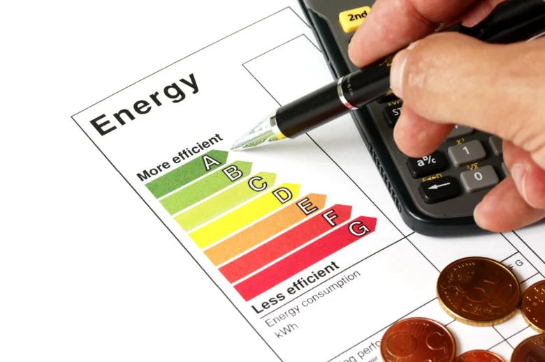 Ruka ukazuje na tabulku energetické účinnosti s kalkulačkou.