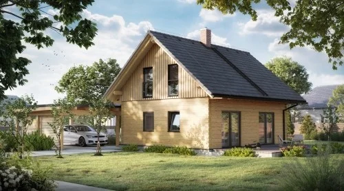 Moderní dřevěný dům s tmavou střechou na pozadí zelené zahrady.
