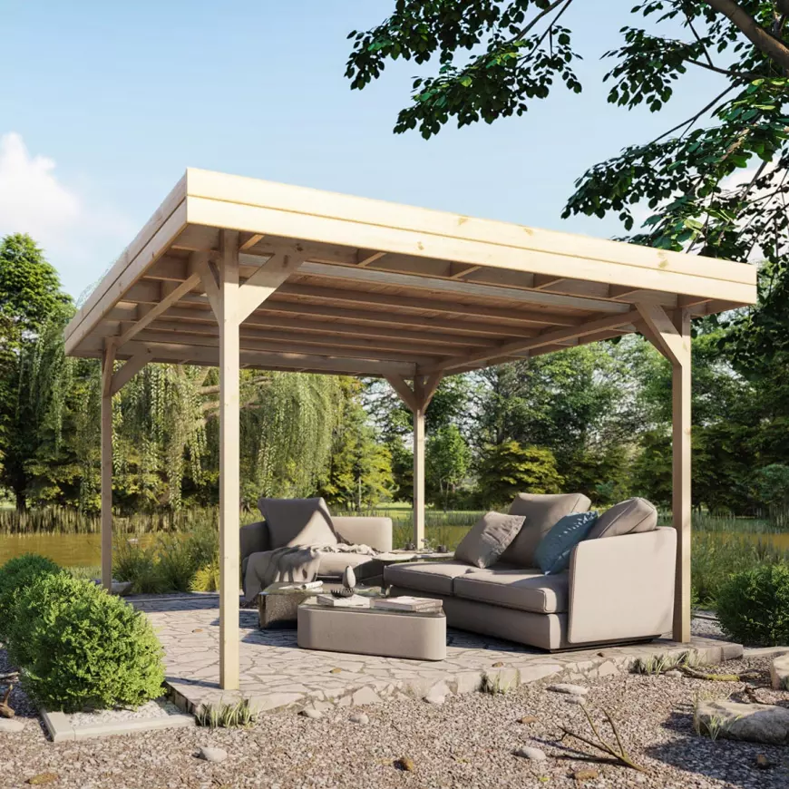 Wooden pergola with seating