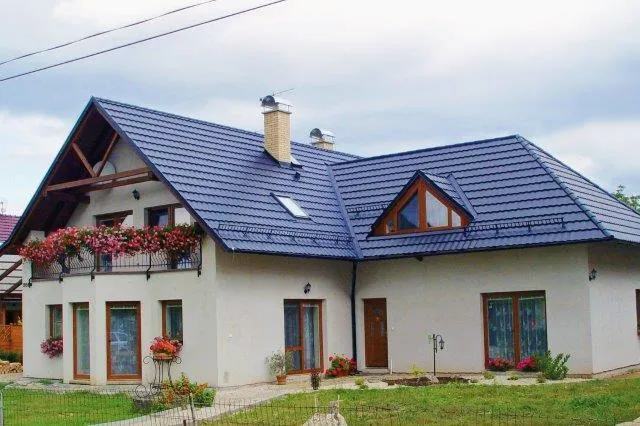 Moderní dům s plechovou střešní krytinou a štítovými okny.
