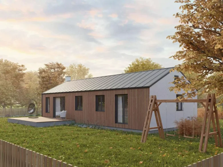 Moderní dřevostavba bungalov v zahradě s hřištěm.