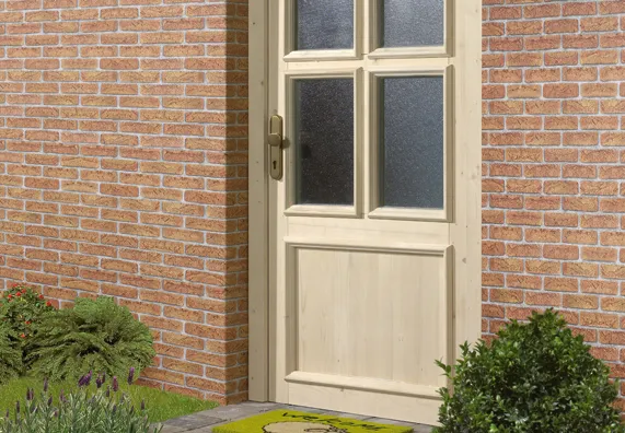 Outdoor wooden door with glass panels