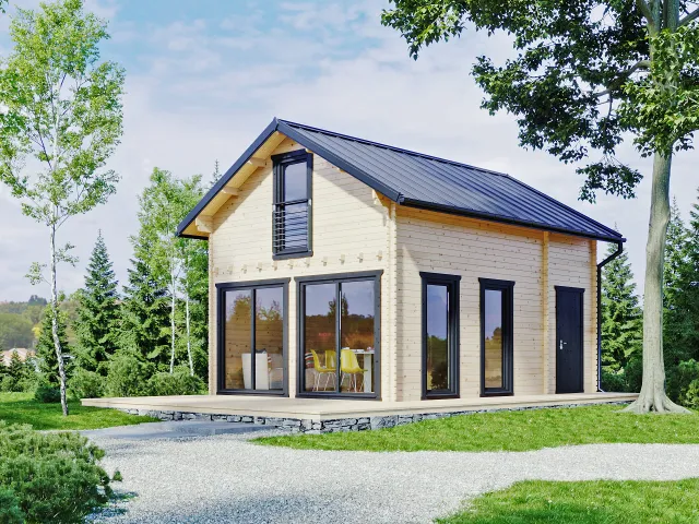 Moderní dřevěná chata pro celoroční bydlení v přírodě.