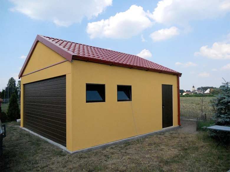 Žlutá garáž s červenou střechou pro jedno auto