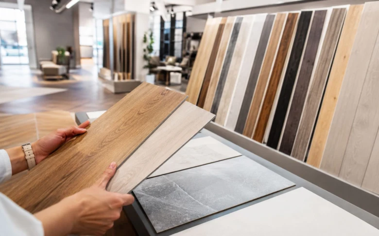 Porovnání vzorků laminátové nebo vinylové podlahy ve výloze.